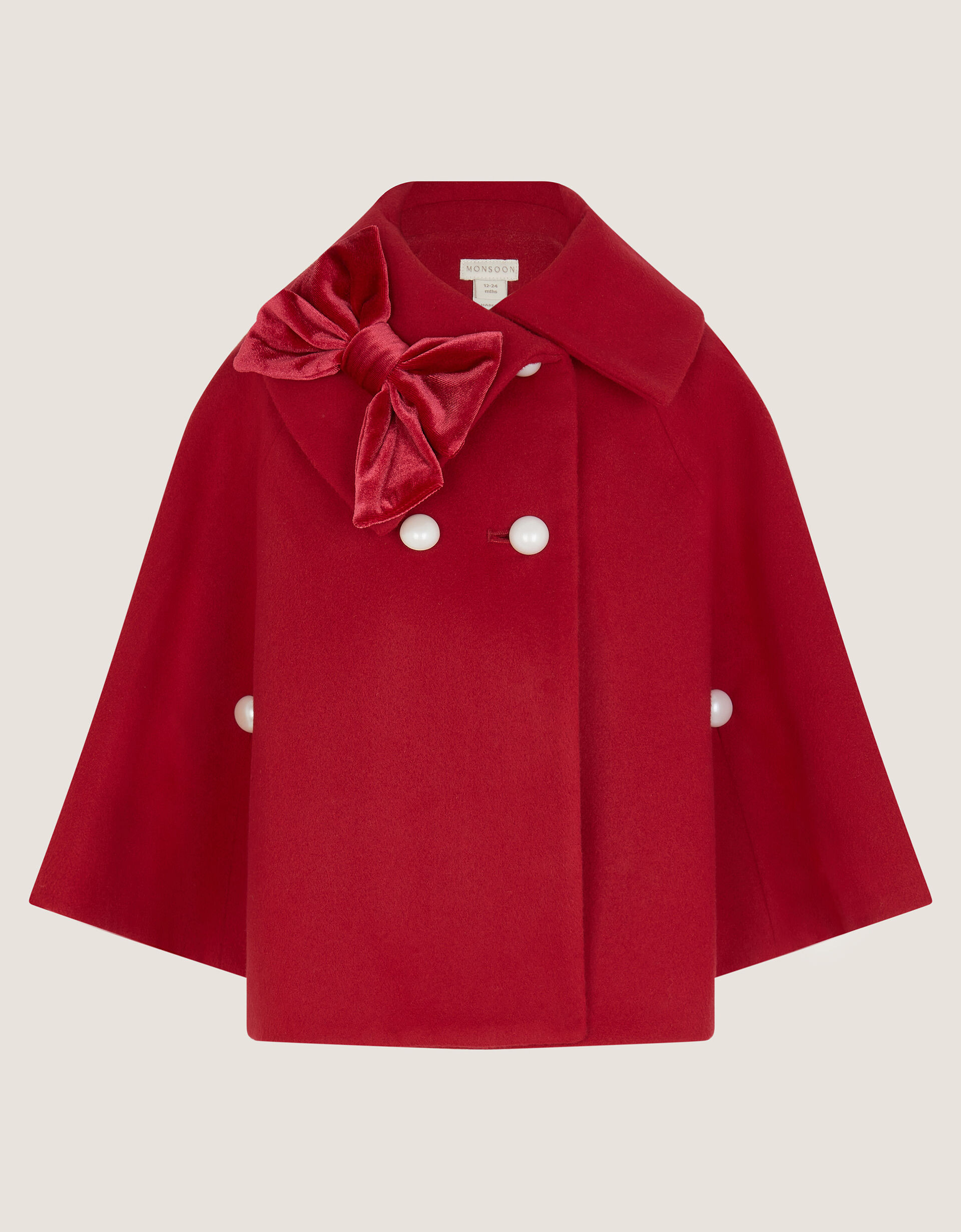 Baby Velvet Bow Cape Coat Red | Monsoon (UK)