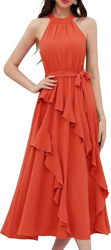 GRACE KARIN Women's 2024 Summer Sleeveless Halter Neck Ruffle Hem Split Flowy Swing Long Midi Dre... | Amazon (US)
