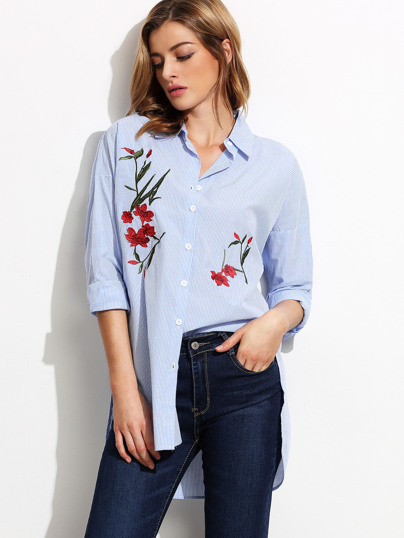 Blue Stripe Embroidery High Low Split Side Blouse | SHEIN