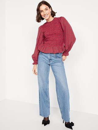 Long-Sleeve Plaid Smocked Top | Old Navy (US)