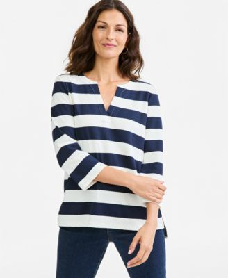 Style & Co Women's Printed Split Neck 3/4-Sleeve Tunic, Macy's Exclusive - Industrial Blue | Macy's