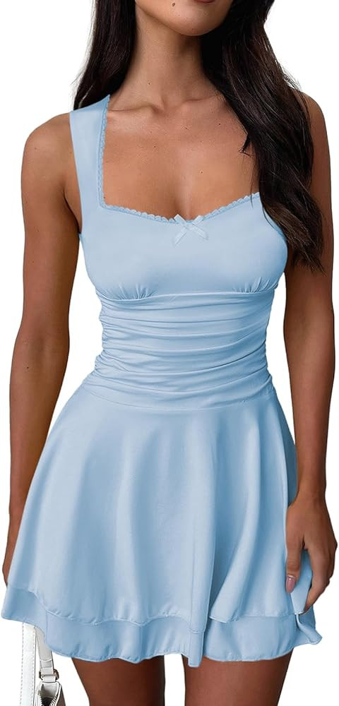 Women's Square Neck Ruffle Hem Mini Dresses Ruched Waist Slim Sleeveless Corset Dress for Women S... | Amazon (US)