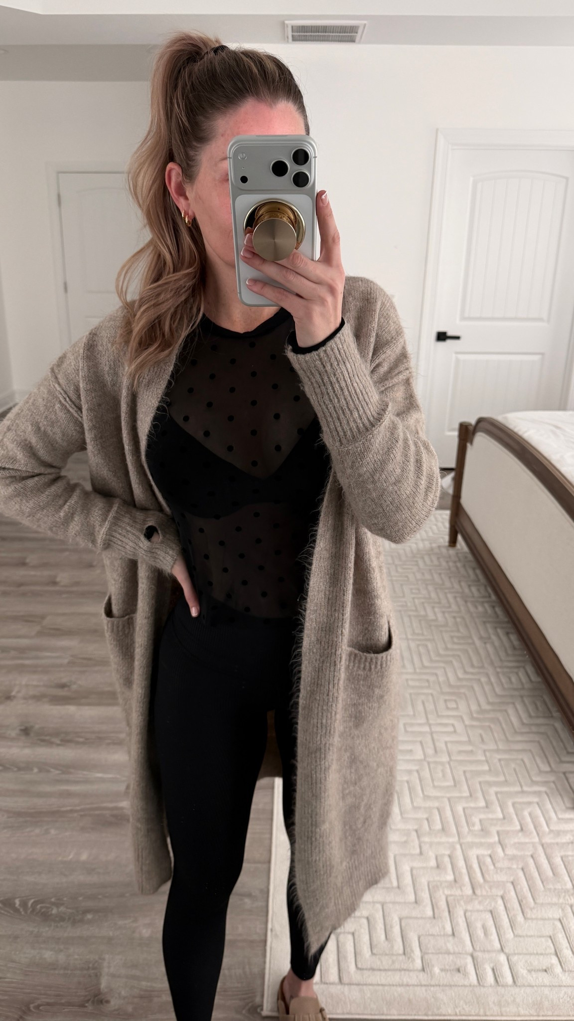 Amazon capsule wardrobe must have pieces for your closet. Look expensive without breaking the bank. Elevated all black outfit for winter. Black sheer top with polka dots paired with a black bra for subtle girlie vibe and a fuzzy knit duster cardigan to complete the look.

All black outfit idea date night outfit inspired winter outfit cozy outfit affordable outfits Amazon clothes polka dots suede clogs Birkenstock look a likes cozy winter outfit date night look styling sheet tops mesh tops see through tops Christmas party outfit 

#LTKootd #LTKdayinmylife #LTKFindsUnder50