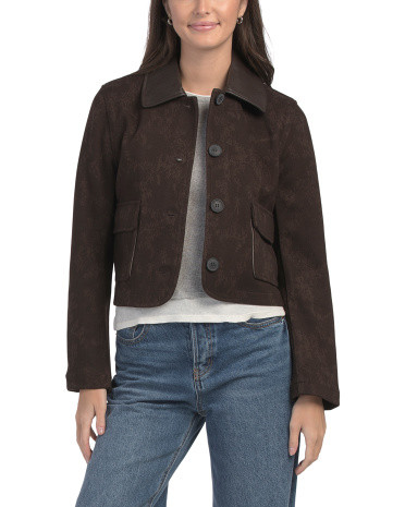 Knit Jaquard Jacket With Faux Leather Collar | TJ Maxx