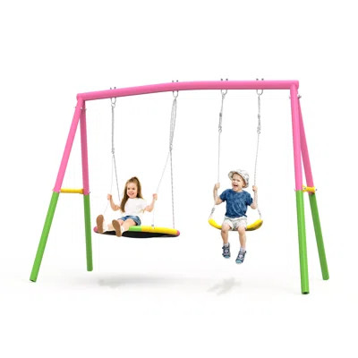 Heavy-Duty Metal Swing Set for Backyard, 440lbs Capacity Outdoor Swing Stand with Saucer Swing & Belt Seat, ASTM Certified for Kids and Adults | Wayfair North America