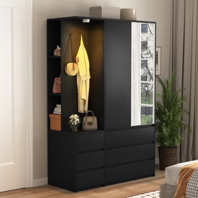 GDFStudio Keno Modern Mirror Wardrobe with 2 Doors, 6 Drawers and LED Light, Black | Target