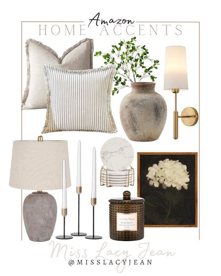 Home accents from Amazon includes wall sconce, wall art, candle, coasters, candlestick holders, table lamp, throw pillows, greenery stems, vase.

Home decor, home accents, Amazon finds, neutral home decor 

#LTKfindsunder50 #LTKstyletip #LTKhome
