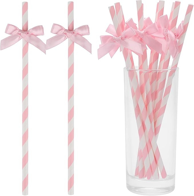 140 Pcs Pink Paper Straws, Bow Disposable Striped Drinking Straws Bulk for Pink Theme Birthday, W... | Amazon (US)