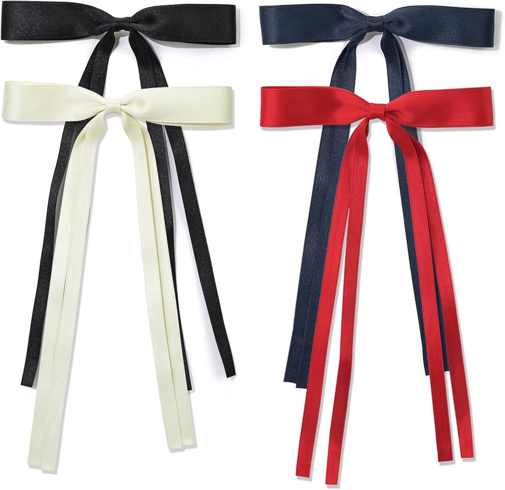 Ambesi Ribbon Hair Bow Hair Clips, Black Red Milky White Navy Blue Hair Clip Tassel Bow for Women... | Amazon (US)