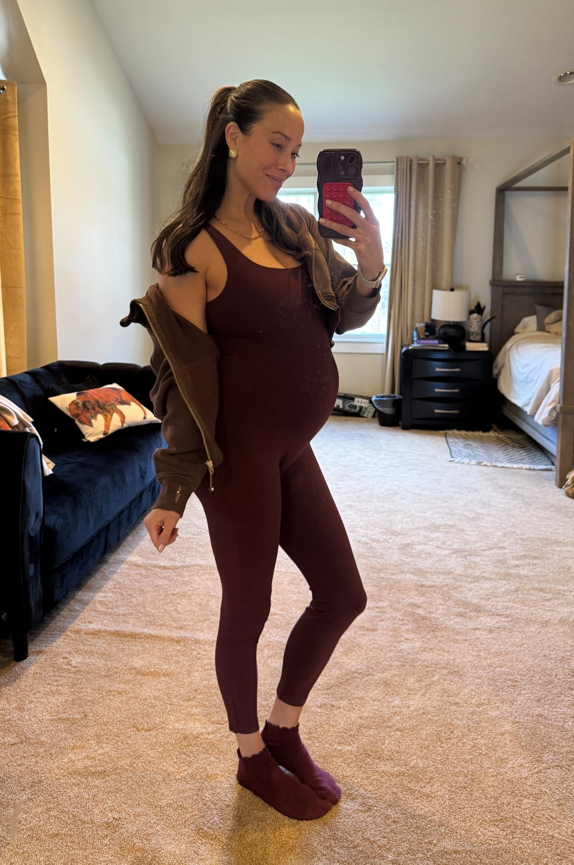 Hands-down the best maternity jumpsuit, live in this Lululemon zip up, the cutest ruffle socks, and gold jewelry always😍

#LTKActive #LTKStyleTip #LTKBump