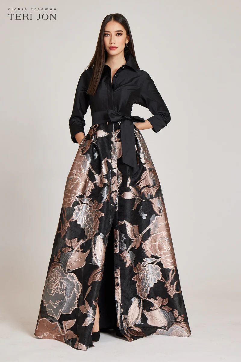 Taffeta And Large Floral Metallic Jacquard Shirtdress Gown | TERIJON