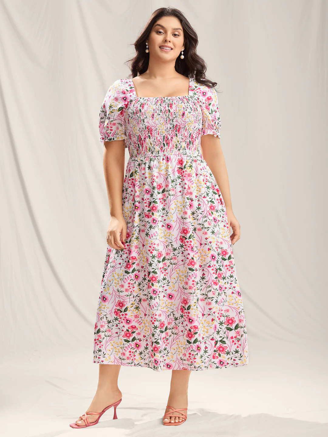 Shirred Floral Print Pockets Maxi Dress | Bloomchic