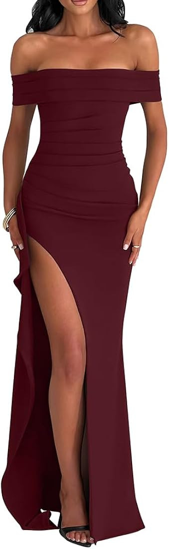 LAGSHIAN Women's Formal Evening Dress | Bodycon, Off Shoulder, Sleeveless, High Split | Amazon (US)