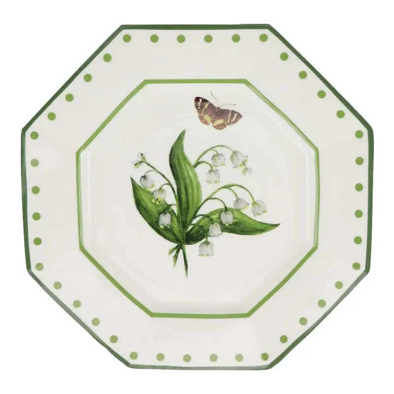 Carolyne Roehm x Enchanted Home Lily of The Valley 8.75" Octagonal Salad Plates in Green, Set of 8 | Chairish