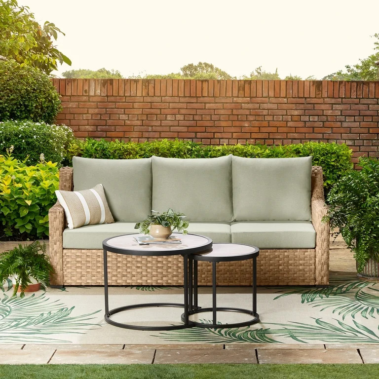 Better Homes & Gardens River Oaks Outdoor Sofa & 2 Nesting Tables with Patio Cover, Green | Walmart (US)