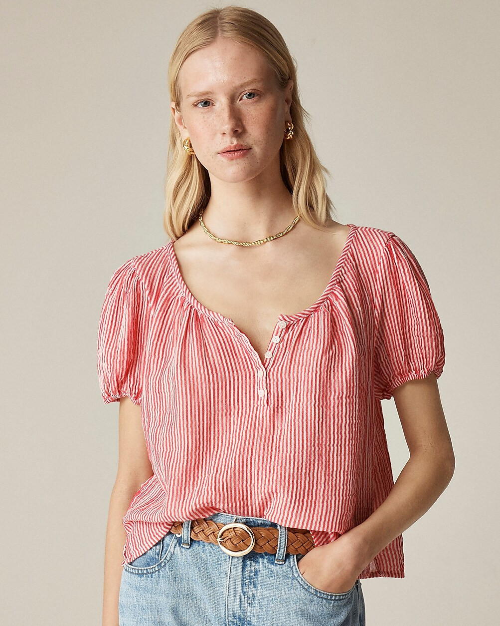 Puff-sleeve henley in striped gauze | J. Crew US