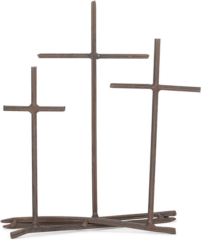Three Crosses Metal Nail Distressed Brown 8 x 9.5 Metal Table Top Cross Decoration | Amazon (US)