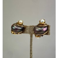 Vintage Seaman Schepps 14K Gold Turbo Shell Clip On Earrings With White Pearl Ends Dark Oil Slick Colored Snail | Etsy (US)