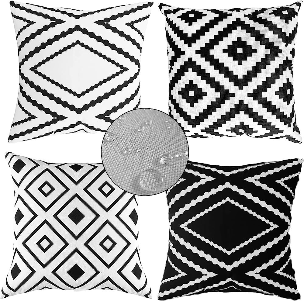 Outdoor Indoor Throw Pillow Cover Waterproof, Boho Black White Square Pillowcases, Decorative Geo... | Amazon (US)