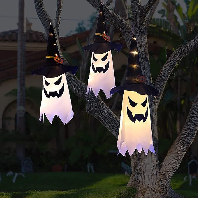 Amazon.com: Halloween Decorations Outdoor Decor Hanging Lighted Glowing Ghost Witch Hat Halloween... | Amazon (US)