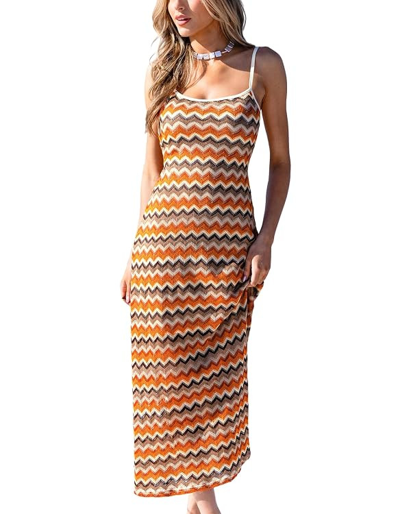CUPSHE Women's Bohemian Striped Maxi Dress Sleeveless Spaghetti Strap Fitted Crochet Dress Beach ... | Amazon (US)