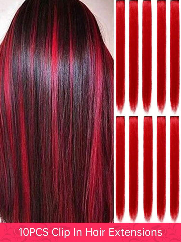 10 Pcs Red Colorful Clip-In Hair Extensions For Women Straight Hair Pieces In Highlight Shades Perfect For Daily Wear, Parties, Costumes, And Cosplay Halloween Girls Princess Party Highlight Colorful Straight Hair Extensions For Girls 22 Inch | SHEIN