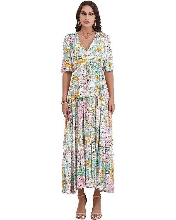 Women Short Sleeve V Neck Floral Print Casual Bohemian Maxi Dresses | Amazon (US)