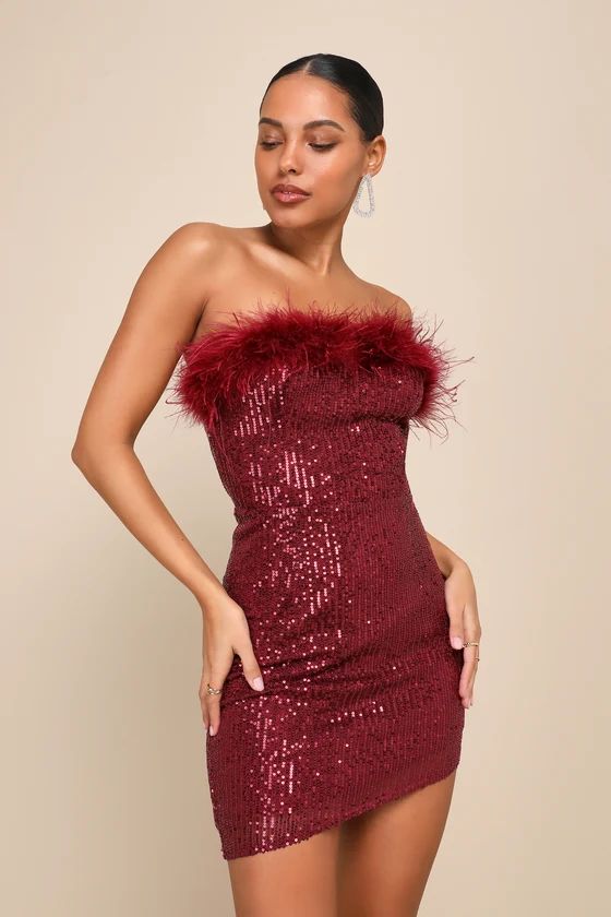 Glam Energy Burgundy Sequin Feather Asymmetrical Mini Dress | Lulus (US)