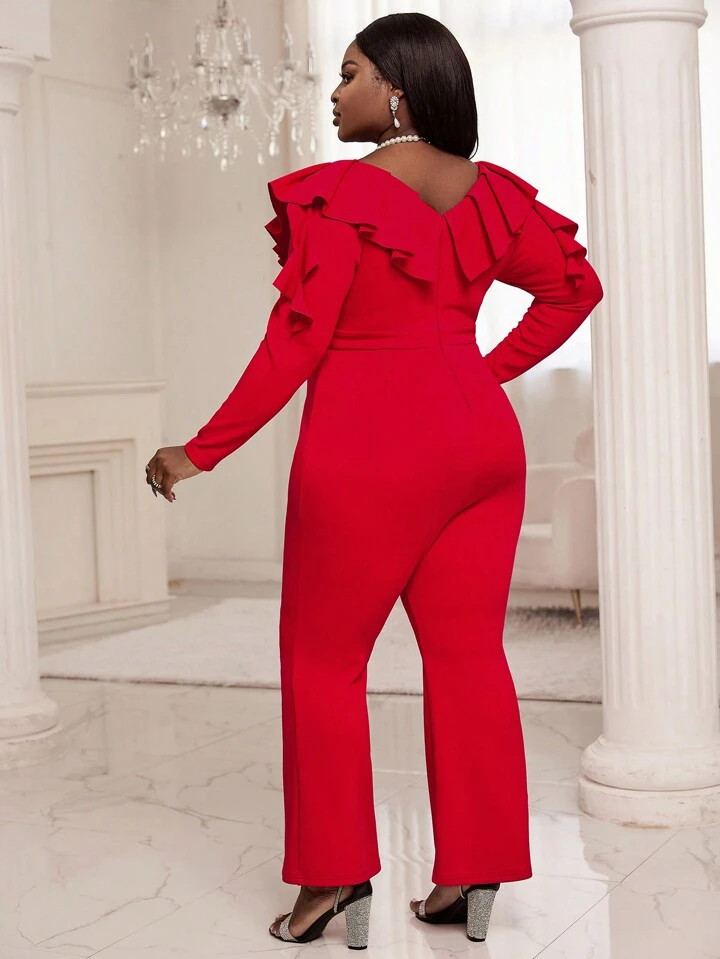 SHEIN Lady Plus Ruffle Trim Flare Leg Jumpsuit | SHEIN