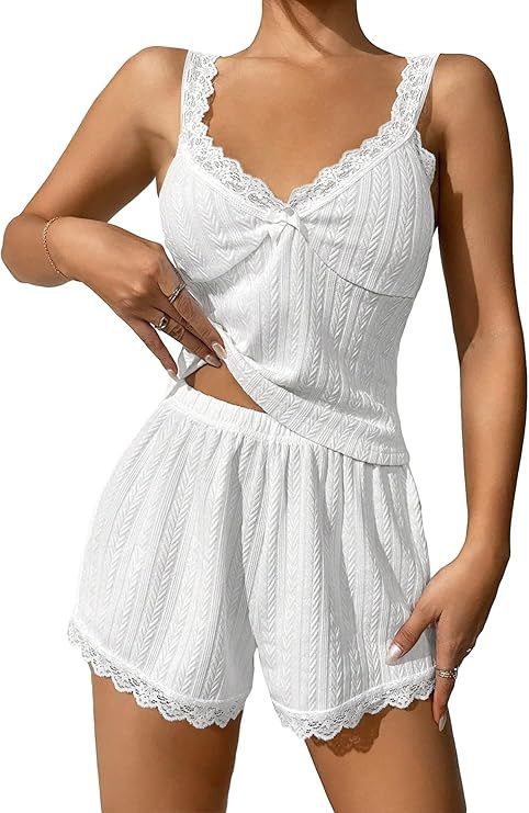 Verdusa Women's 2 Piece Pajama Sets Sleepwear Lace Trim Bow Cami Tops and Shorts | Amazon (US)