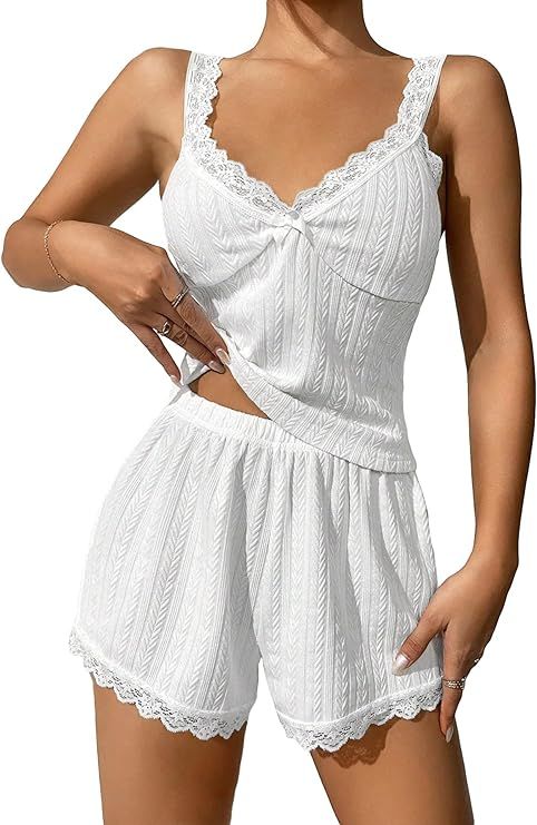 Verdusa Women's 2 Piece Pajama Sets Sleepwear Lace Trim Bow Cami Tops and Shorts | Amazon (US)