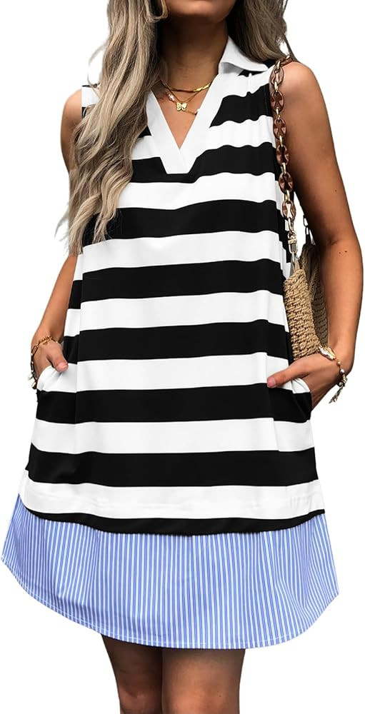 Women Summer Tunic Dress V Neck Sleeveless Striped Casual Sundress Loose Flowy Swing Shift Dress ... | Amazon (US)