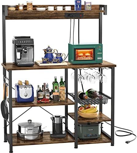 Topfurny Bakers Rack with Power Outlet, Microwave Stand, Kitchen Storage Shelf with Wire Basket, ... | Amazon (US)