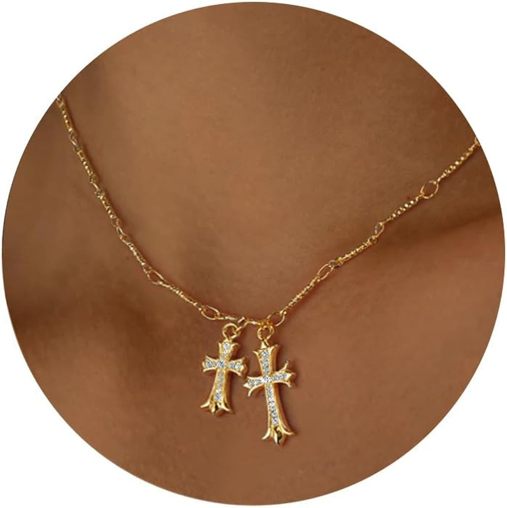 LEXODY Cross Necklace for Women, Dainty 14K Gold/Sterling Silver Double Cross Pendant Necklace De... | Amazon (US)