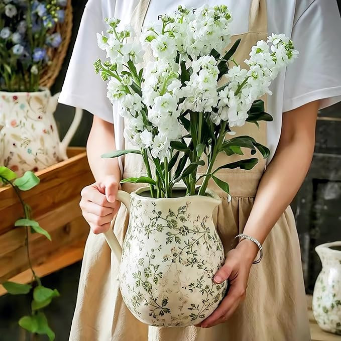Vintage Beige and Green Floral Ceramic Vase with Handle, Retro Ice Glazed Crack Farmhouse Pitcher... | Amazon (US)