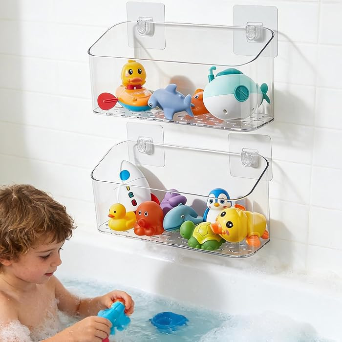 Bath Toy Storage Organizer, Bathtub Toy Storage Holder, Large Capacity Wall Mounted Shower Caddy Shower Organizer, No Drill Shelves Basket, Clear White, 2 Pack | Amazon (US)
