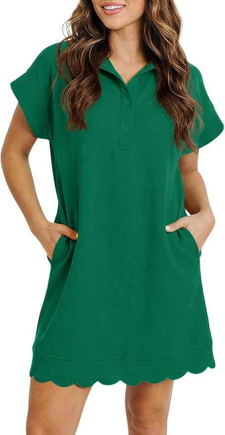 Fisoew Womens Summer T Shirt Mini Dress Short Sleeve Collared V Neck Button Loose Active Dresses ... | Amazon (US)