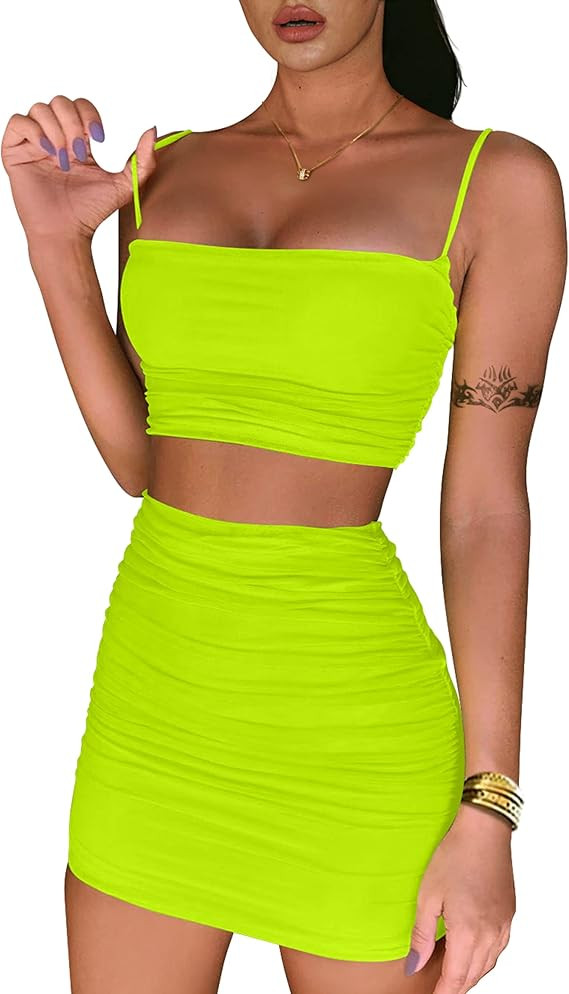 BEAGIMEG Women's Ruched Cami Crop Top Bodycon Skirt 2 Piece Outfits Dress | Amazon (US)