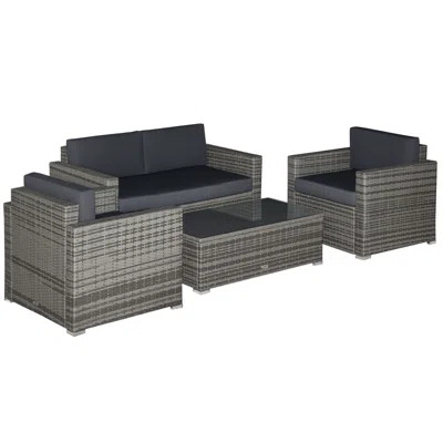 4-Piece Rattan Wicker Furniture Set, Outdoor Cushioned Conversation Furniture With 2 Chairs, Loveseat, And Glass Coffee Table, Grey | Wayfair North America