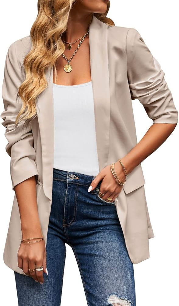 Vetinee Women's Casual Open Front Blazer Suit Pockets Work Office Cardigan Jacket | Amazon (US)