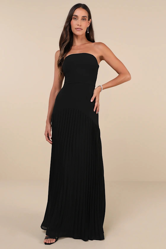 Celebratory Aesthetic Black Pleated Strapless Maxi Dress | Lulus
