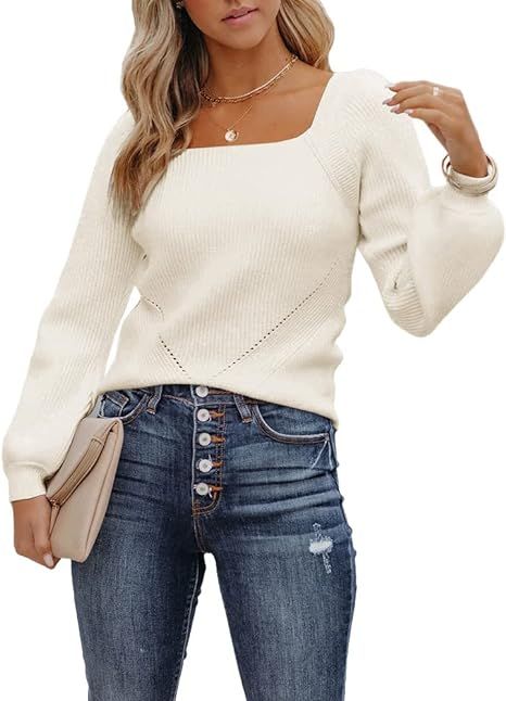Sovelen Women's Casual Square Neck Ribbed Knit Sweaters Long Puff Sleeve Loose Fit Pullover Sweat... | Amazon (US)