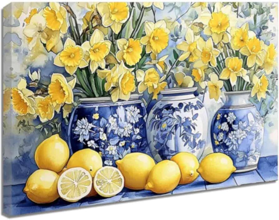 ZQQART Lemon Picture Wall Art Kitchen Canvas Prints Yellow Lemon with Pottery Blue Painting Vinta... | Amazon (UK)