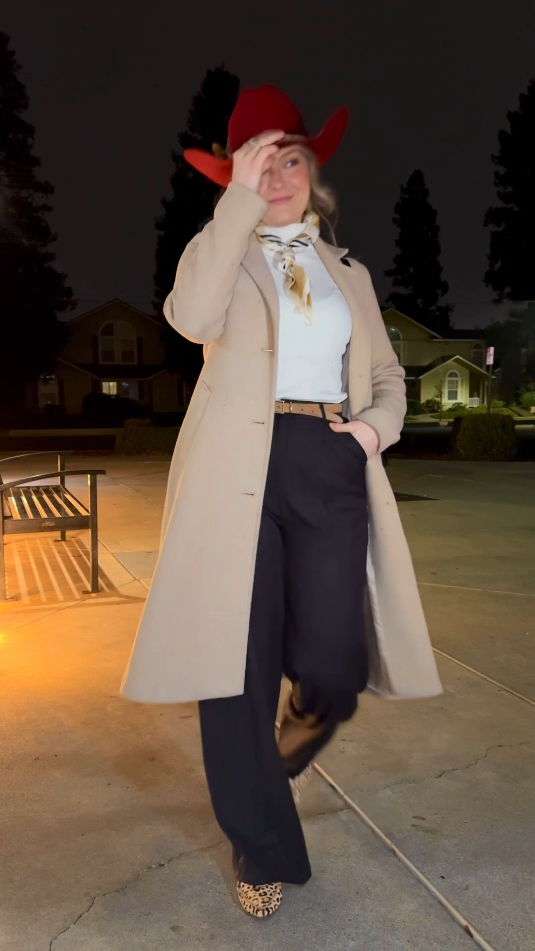 Chic and festive western look for a holiday party or Christmas play!

I paired a taupe wool jacket with a cashmere top and relaxed wide leg slacks and accessorized with a silk scarf, brown belt, and cheetah print flats, topped with a red cowboy hat for that Christmas flair!



#LTKootd #LTKFindsUnder100 #LTKHoliday
