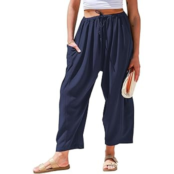TARSE Womens Linen Wide Leg Pants Casual Loose Drawstring Summer Beach Travel Vacation Palazzo Ha... | Amazon (US)