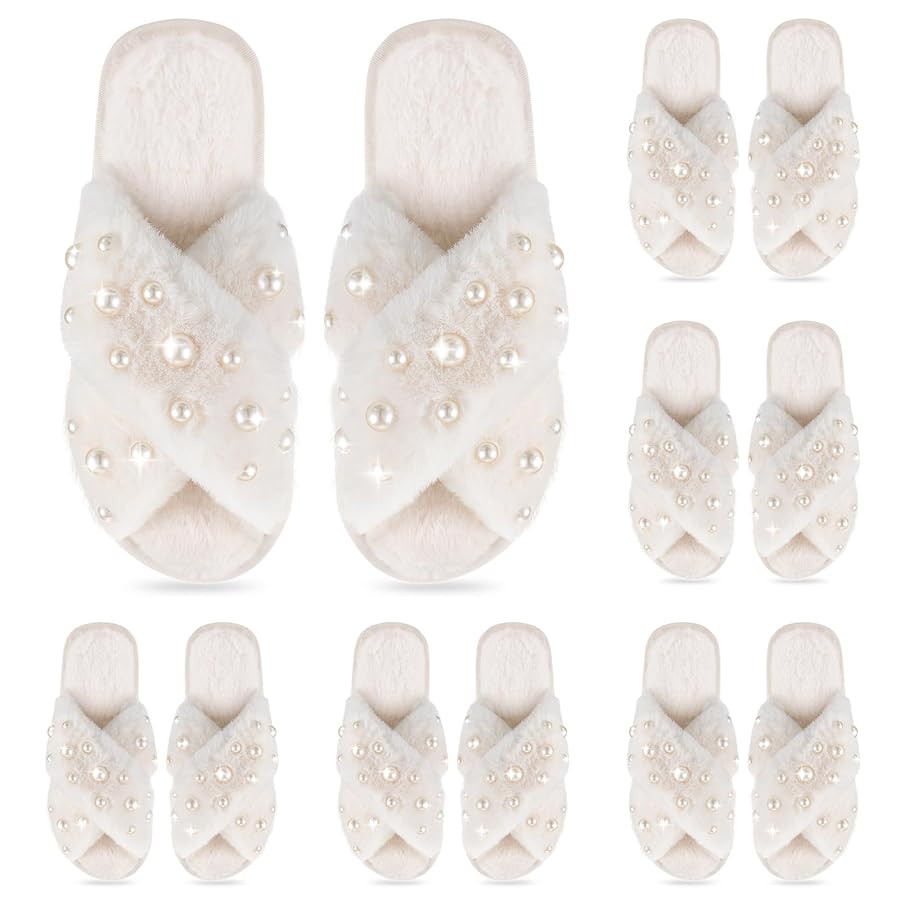 Jiuguva 6 Pairs Bride Slippers for Wedding Fuzzy Pearl Bride Slippers for Women Bridesmaid Bachel... | Amazon (US)