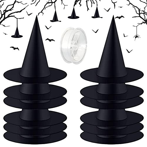 Legigo 12 PCS Halloween Decorations Witch Hat- Hanging Witch Hats Decorations with Rope, Black Witches Hat Costume Accessory for Halloween Party Decor Floating Indoor Outdoor Porch | Amazon (US)