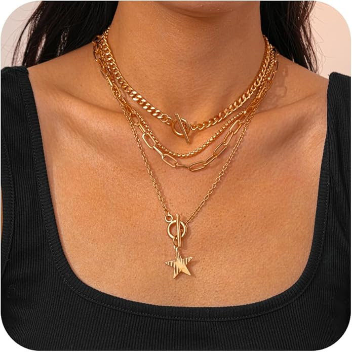 Gold Layered Necklace for Women-Dainty Pendant Charm Necklaces Gold Choker Jewelry Gifts Outfit W... | Amazon (US)