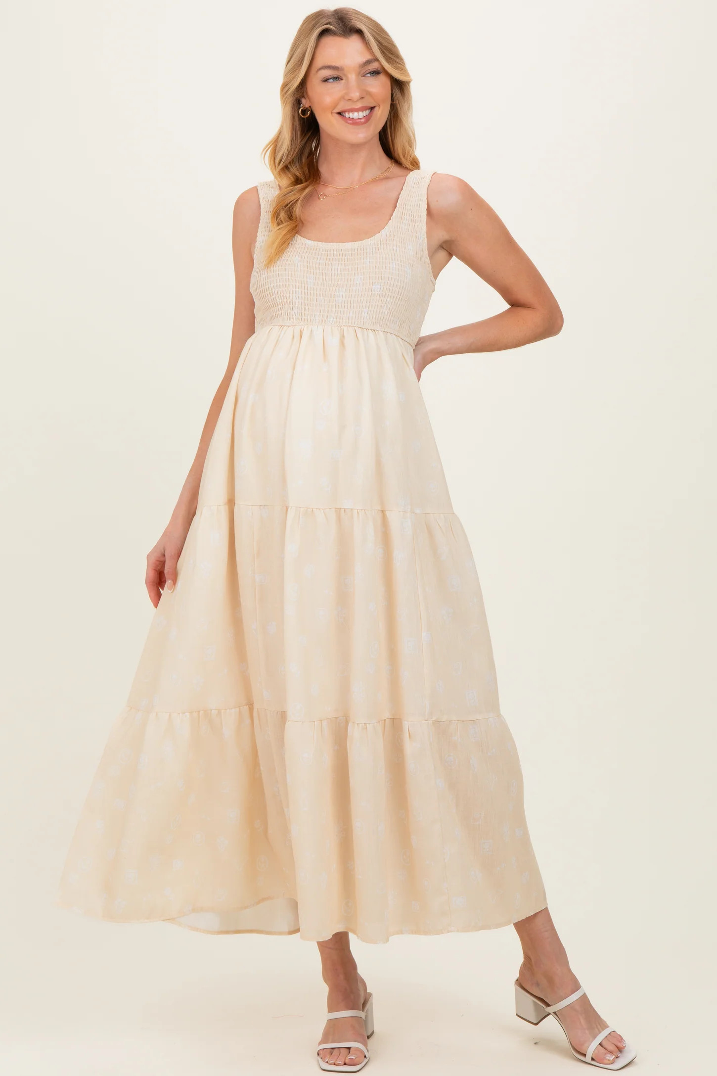 Light Yellow Floral Tiered Maternity Maxi Dress | PinkBlush Maternity