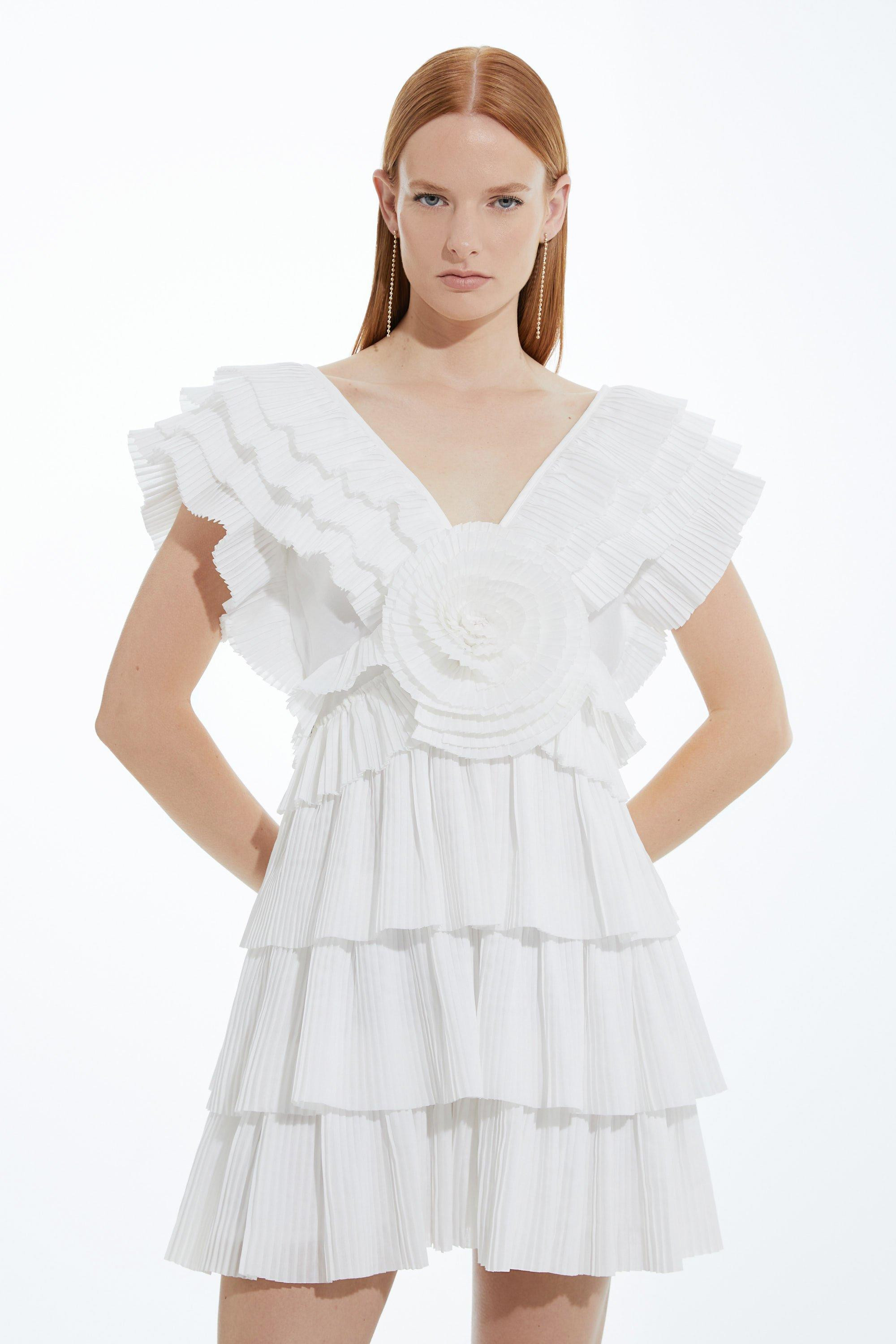 Petite Drama Pleat ruffle Rosette Woven Mini Dress | Karen Millen US